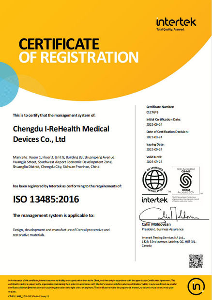 Chiny Chengdu I-ReHealth Medical Devices Co., Ltd Certyfikaty